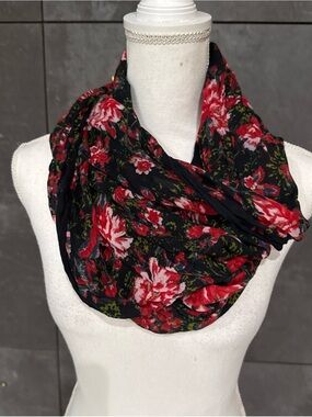 J. Jill Black Infinity Scarf with Red Floral Print and Green Accents
